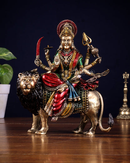 Brass Superfine Goddess Durga Ambe Mata Sitting on Lion - 8" Tall hand - painted - Budhshiv.com