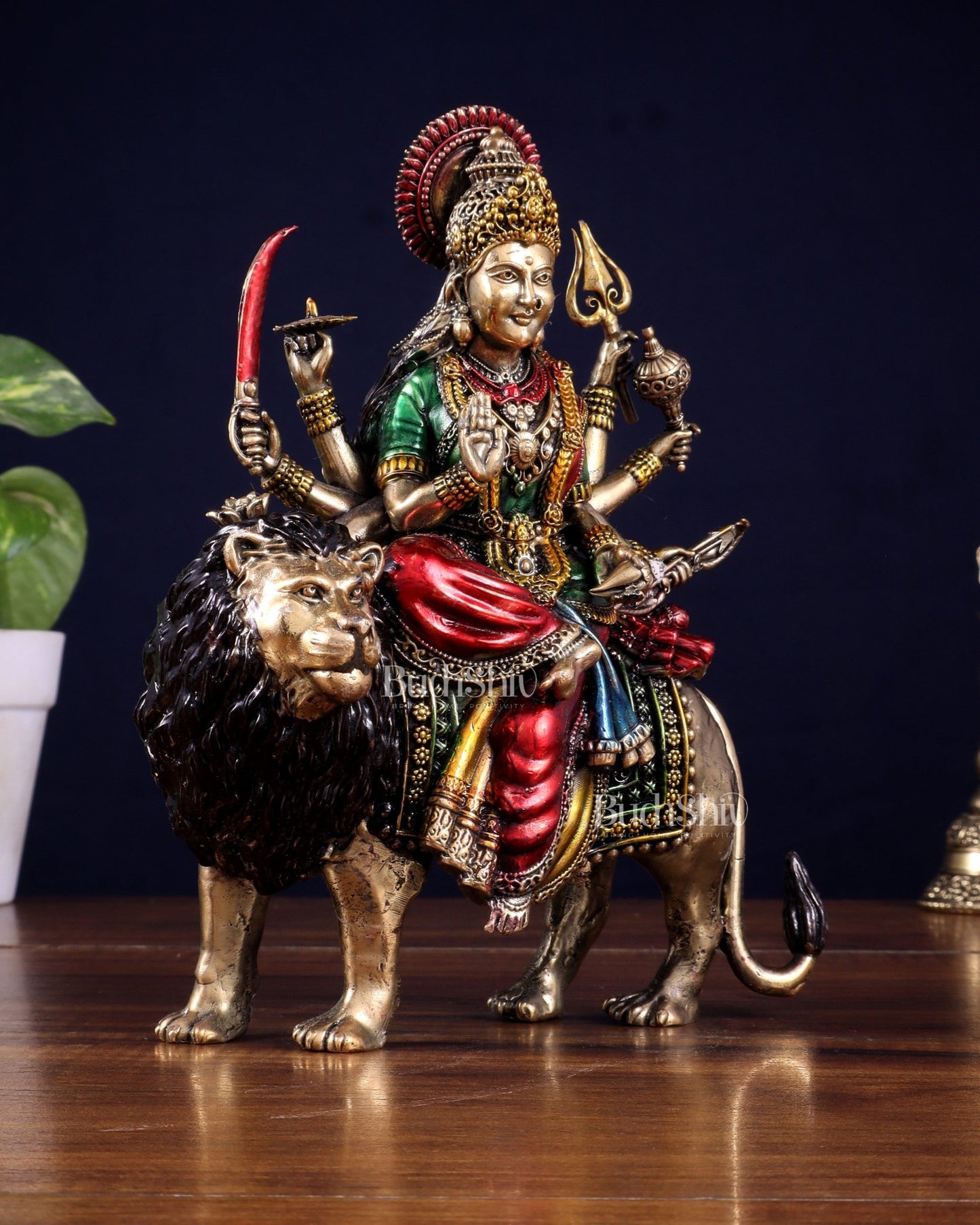 Brass Superfine Goddess Durga Ambe Mata Sitting on Lion - 8" Tall hand - painted - Budhshiv.com