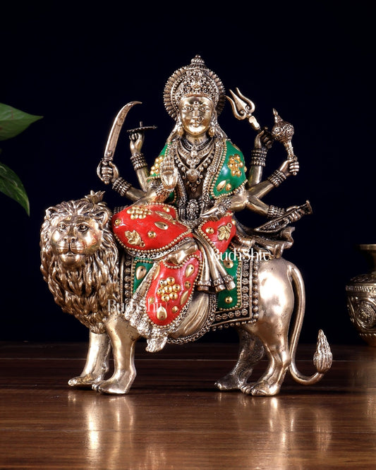 Brass Superfine Goddess Durga Ambe Mata Sitting on Lion - 8" Tall meenakari - Budhshiv.com