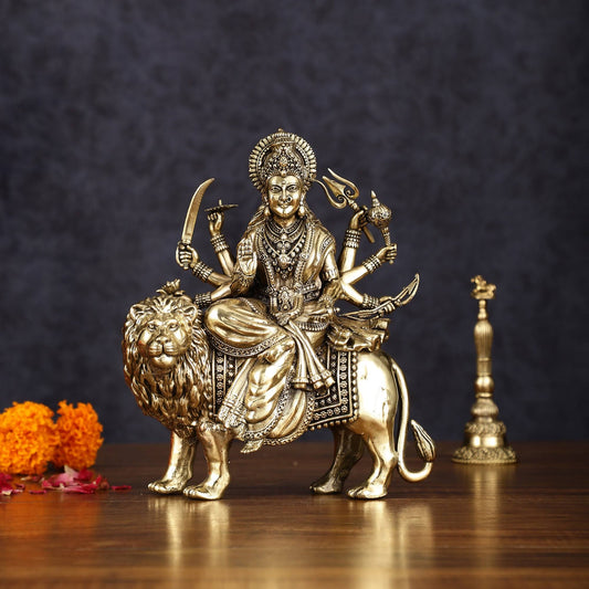 Brass Superfine Goddess Durga Ambe Mata Sitting on Lion - 8" Tall - Budhshiv.com