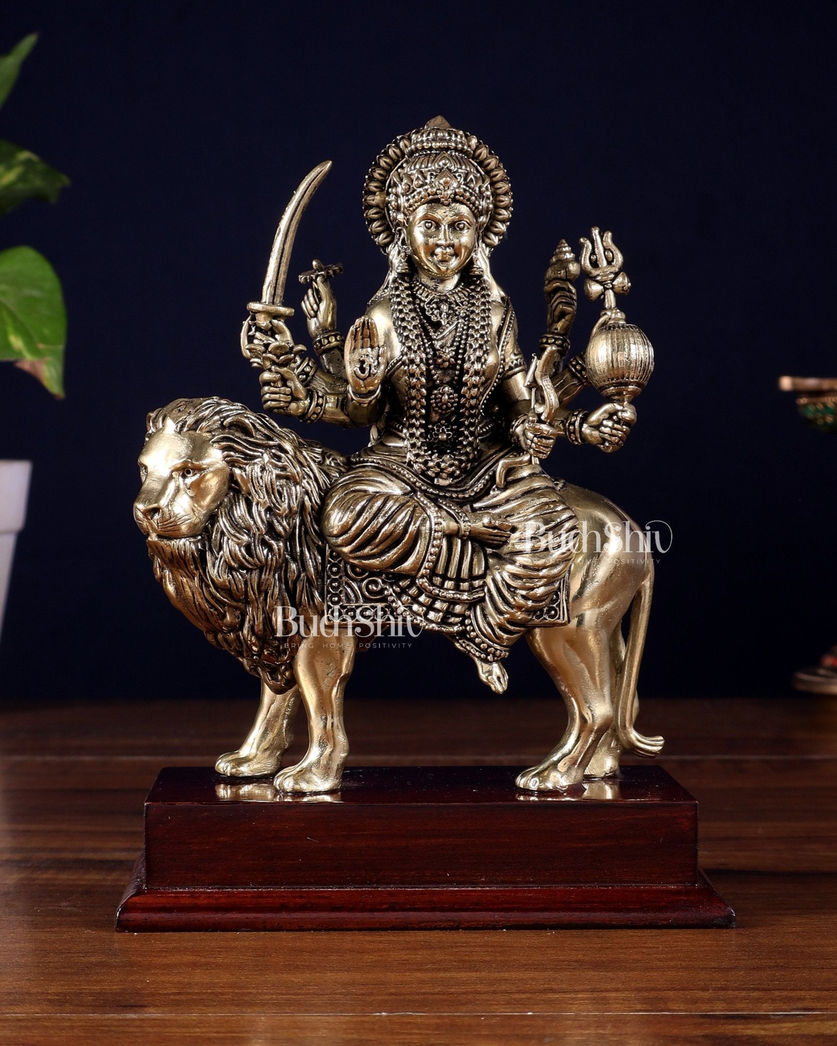 Brass Superfine Goddess Durga Idol on Wooden Base (6 Inch) - Budhshiv.com