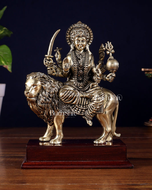 Brass Superfine Goddess Durga Idol on Wooden Base (6 Inch) - Budhshiv.com
