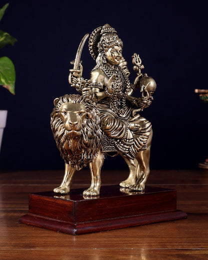 Brass Superfine Goddess Durga Idol on Wooden Base (6 Inch) - Budhshiv.com