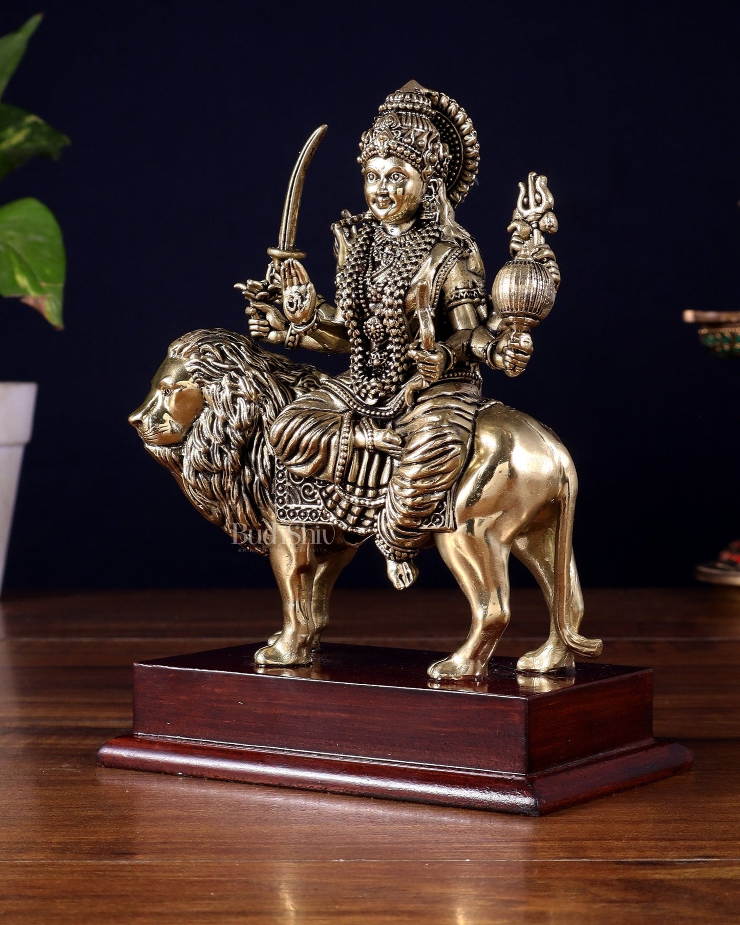 Brass Superfine Goddess Durga Idol on Wooden Base (6 Inch) - Budhshiv.com