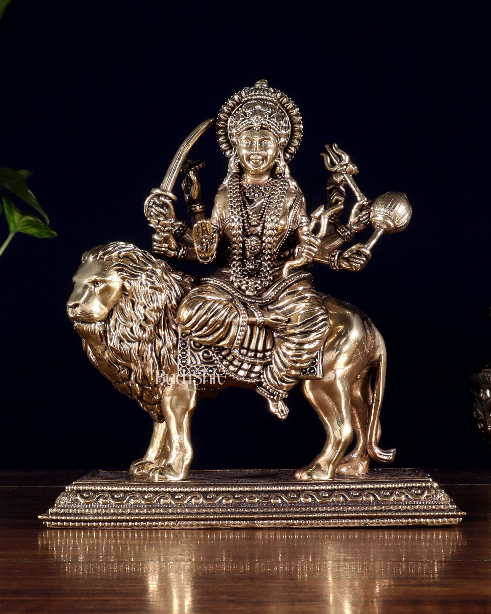 Brass Superfine Goddess Durga Idol – Sherawali Mata Murti with Base 7" - Budhshiv.com