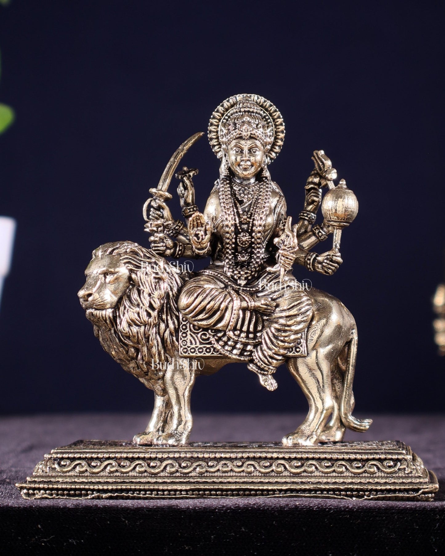 Brass Superfine Goddess Durga on Lion Idol – 5" Height, Intricate Work - Budhshiv.com