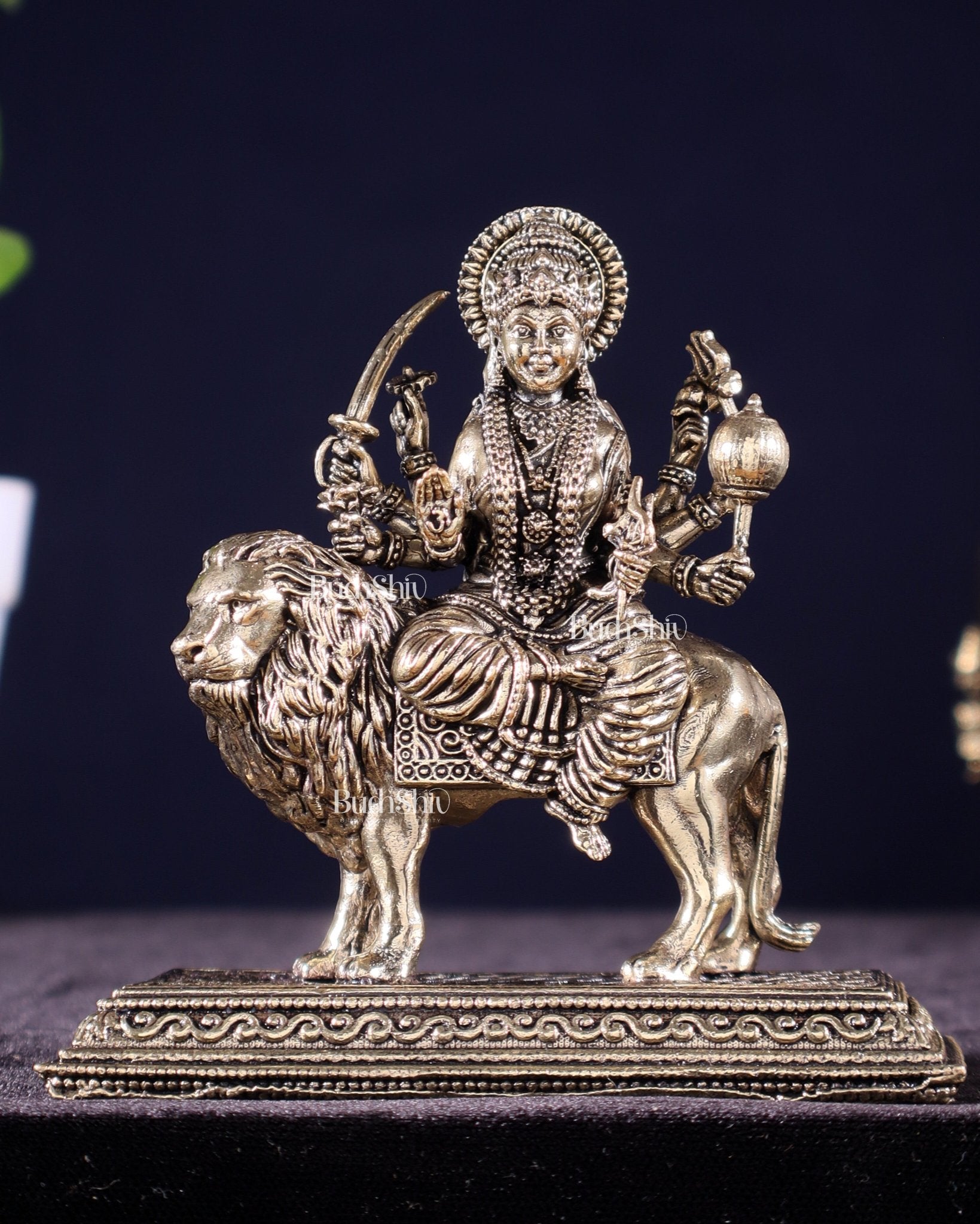Brass Superfine Goddess Durga on Lion Idol – 5" Height, Intricate Work - Budhshiv.com