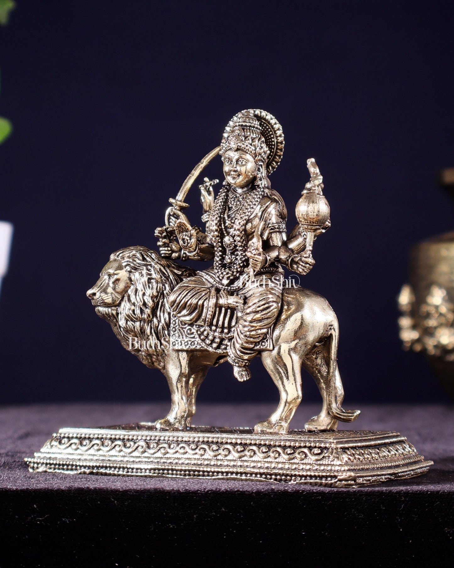 Brass Superfine Goddess Durga on Lion Idol – 5" Height, Intricate Work - Budhshiv.com