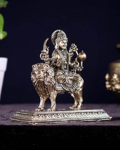Brass Superfine Goddess Durga on Lion Idol – 5" Height, Intricate Work - Budhshiv.com