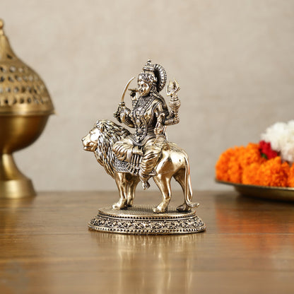 Brass Superfine Goddess Durga on Lion Idol with Base - 5.5 Inch - Budhshiv.com