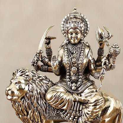 Brass Superfine Goddess Durga on Lion Idol with Base - 5.5 Inch - Budhshiv.com