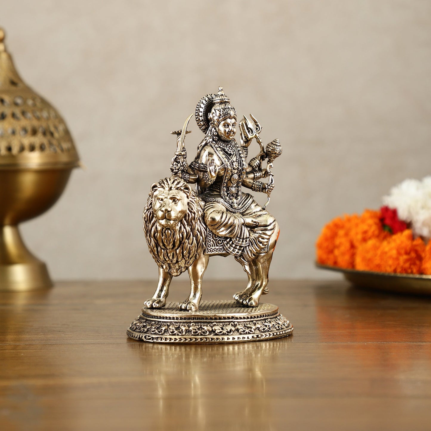 Brass Superfine Goddess Durga on Lion Idol with Base - 5.5 Inch - Budhshiv.com