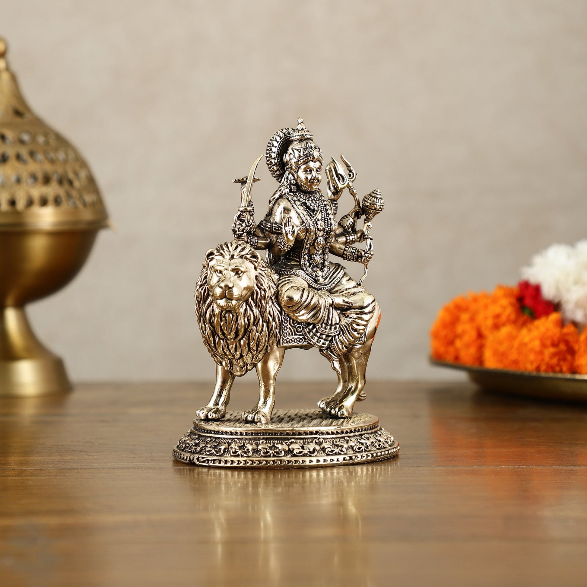 Brass Superfine Goddess Durga on Lion Idol with Base - 5.5 Inch - Budhshiv.com