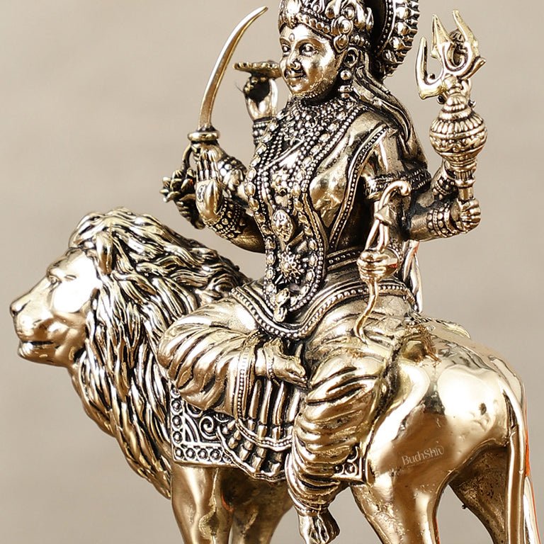 Brass Superfine Goddess Durga on Lion Idol with Base - 5.5 Inch - Budhshiv.com
