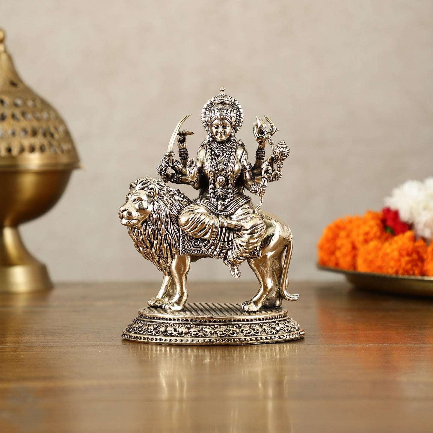 Brass Superfine Goddess Durga on Lion Idol with Base - 5.5 Inch - Budhshiv.com
