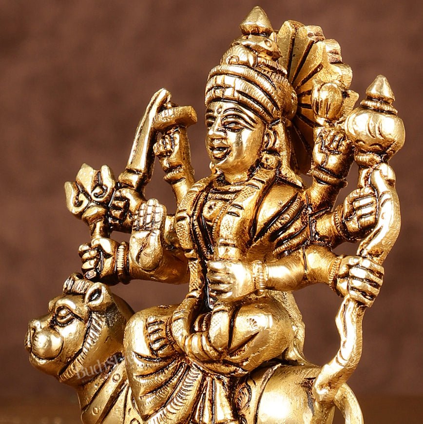 Brass superfine goddess Durga on lion sherawali mata small idol 5" - Budhshiv.com