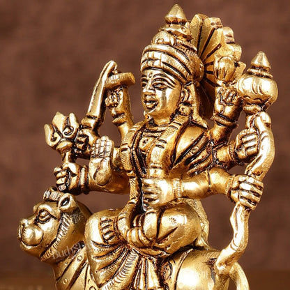 Brass superfine goddess Durga on lion sherawali mata small idol 5" - Budhshiv.com