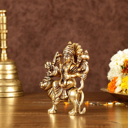 Brass superfine goddess Durga on lion sherawali mata small idol 5" - Budhshiv.com