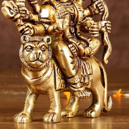 Brass superfine goddess Durga on lion sherawali mata small idol 5" - Budhshiv.com