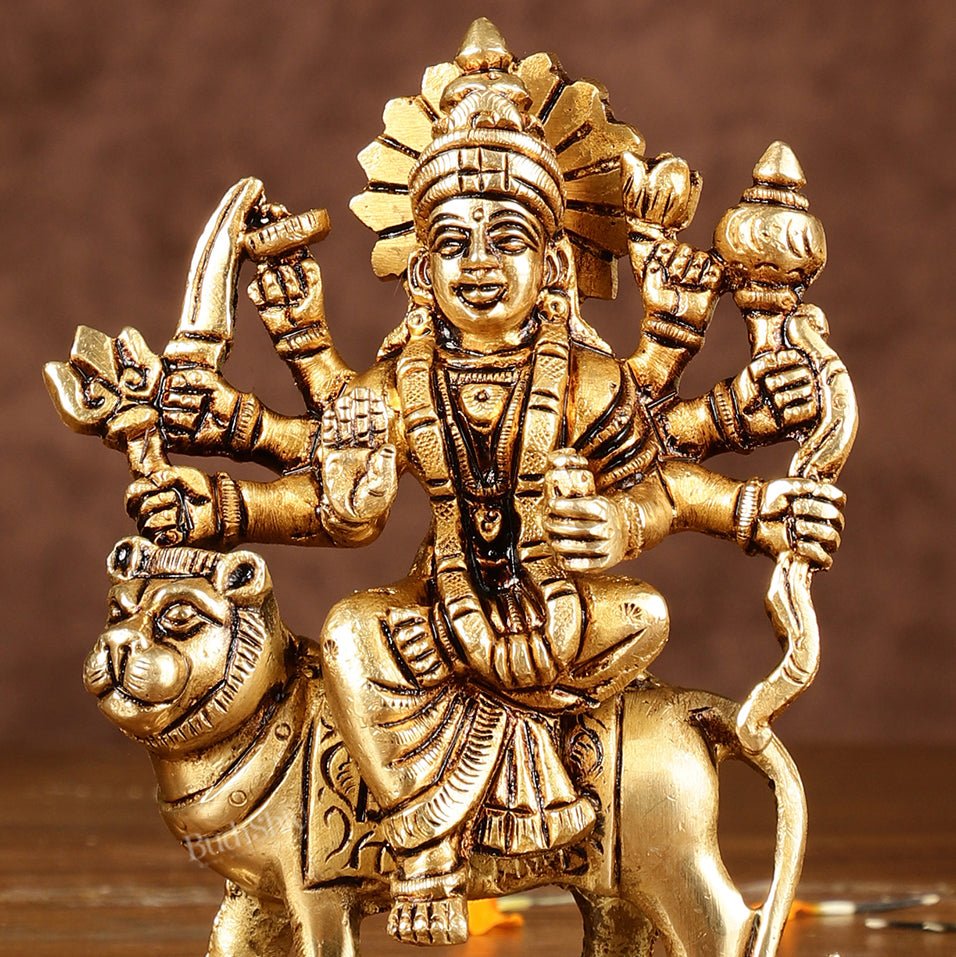 Brass superfine goddess Durga on lion sherawali mata small idol 5" - Budhshiv.com