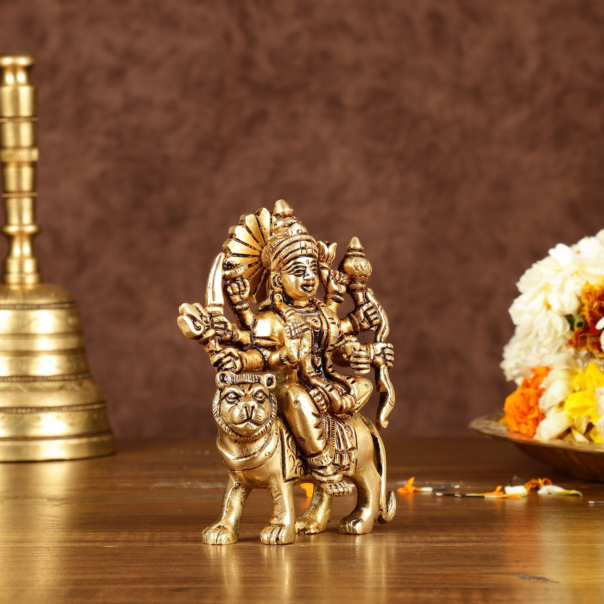 Brass superfine goddess Durga on lion sherawali mata small idol 5" - Budhshiv.com