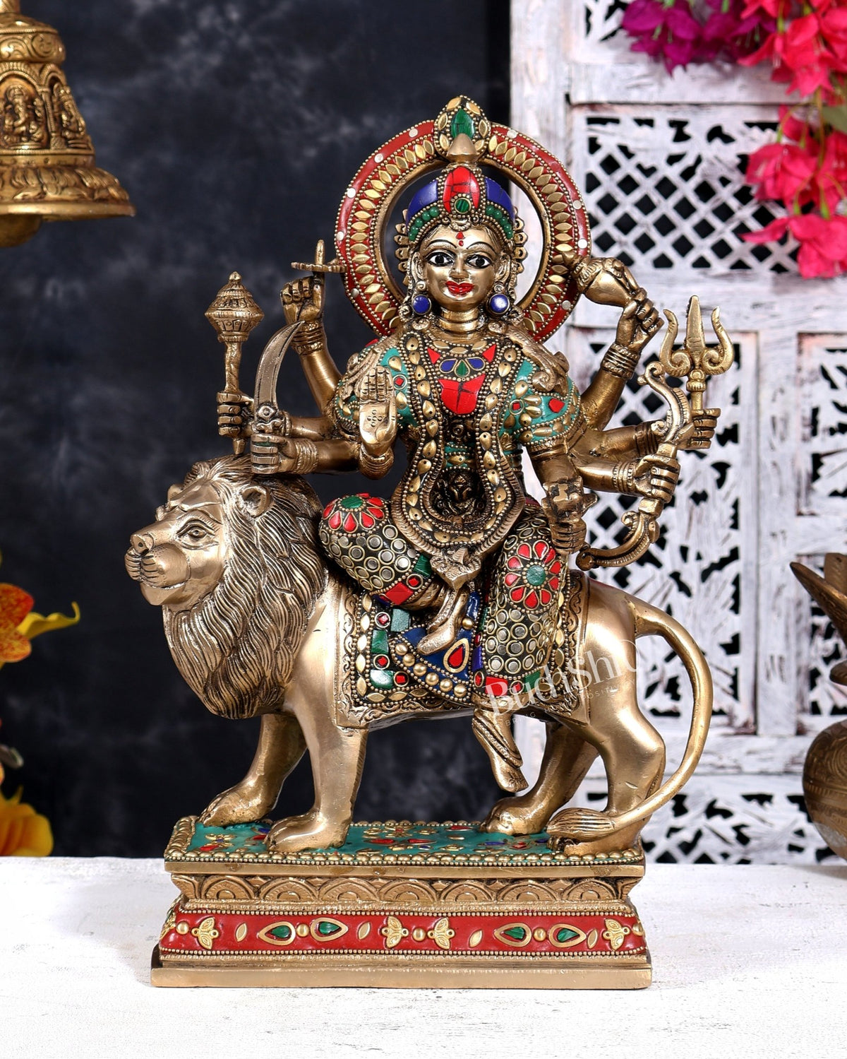 Brass Superfine Goddess Durga Statue - 15 Inch with stonework and shringaar - Budhshiv.com