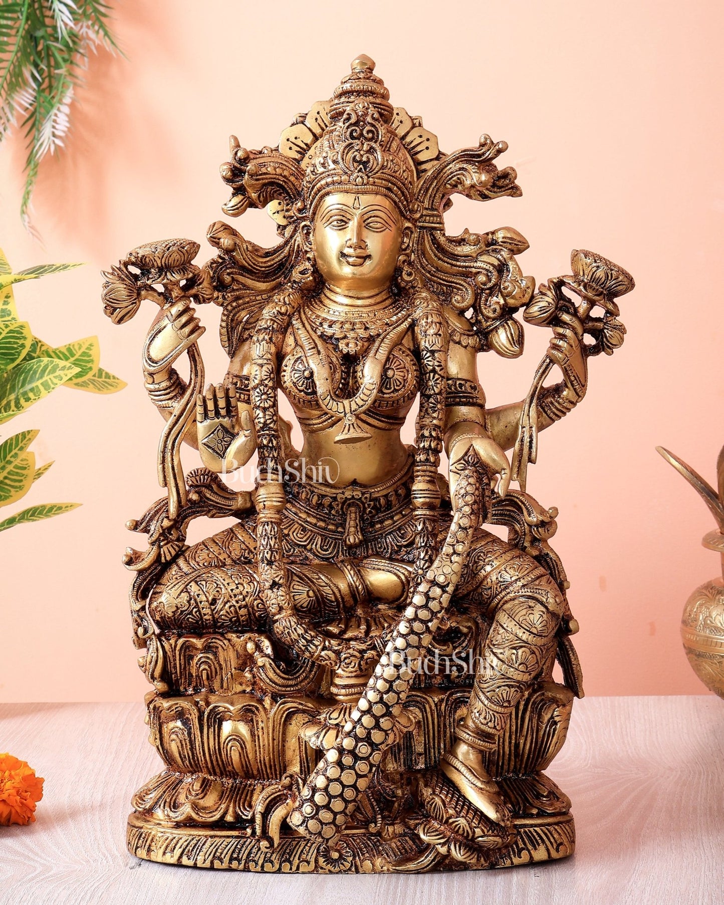 Brass Superfine Goddess Lakshmi Idol | 15 Inch antique tone - Budhshiv.com