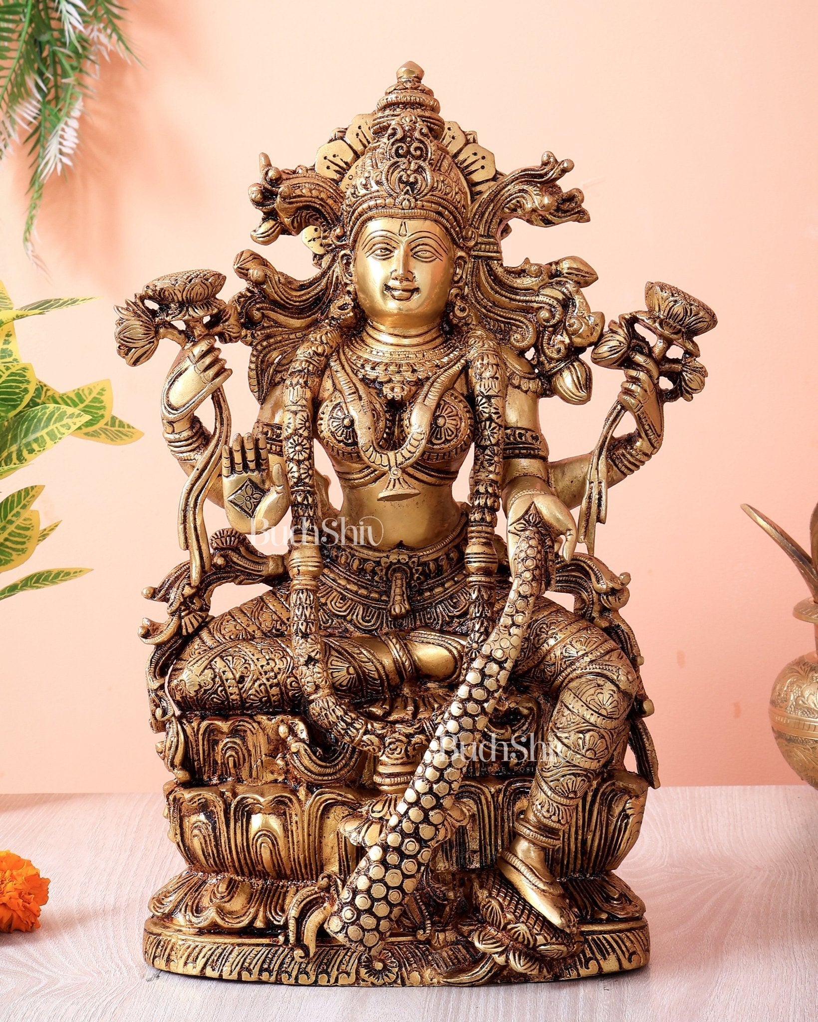 Brass Superfine Goddess Lakshmi Idol | 15 Inch antique tone - Budhshiv.com