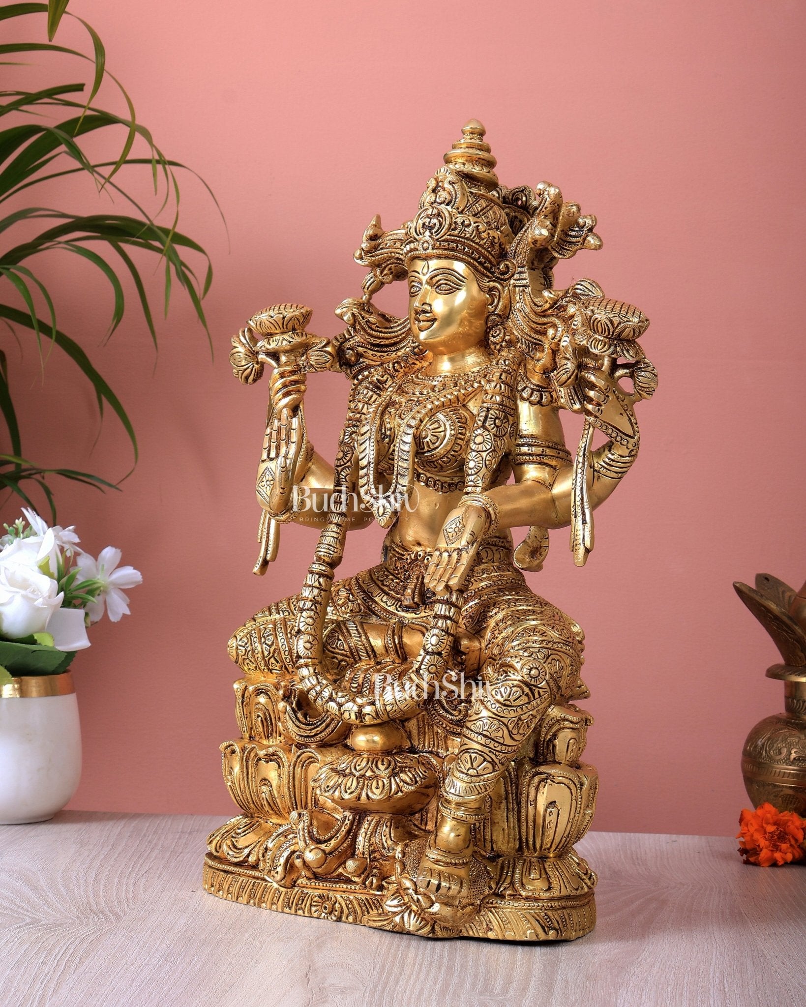 Brass Superfine Goddess Lakshmi Idol | 15 Inch Intricate carvings - Budhshiv.com