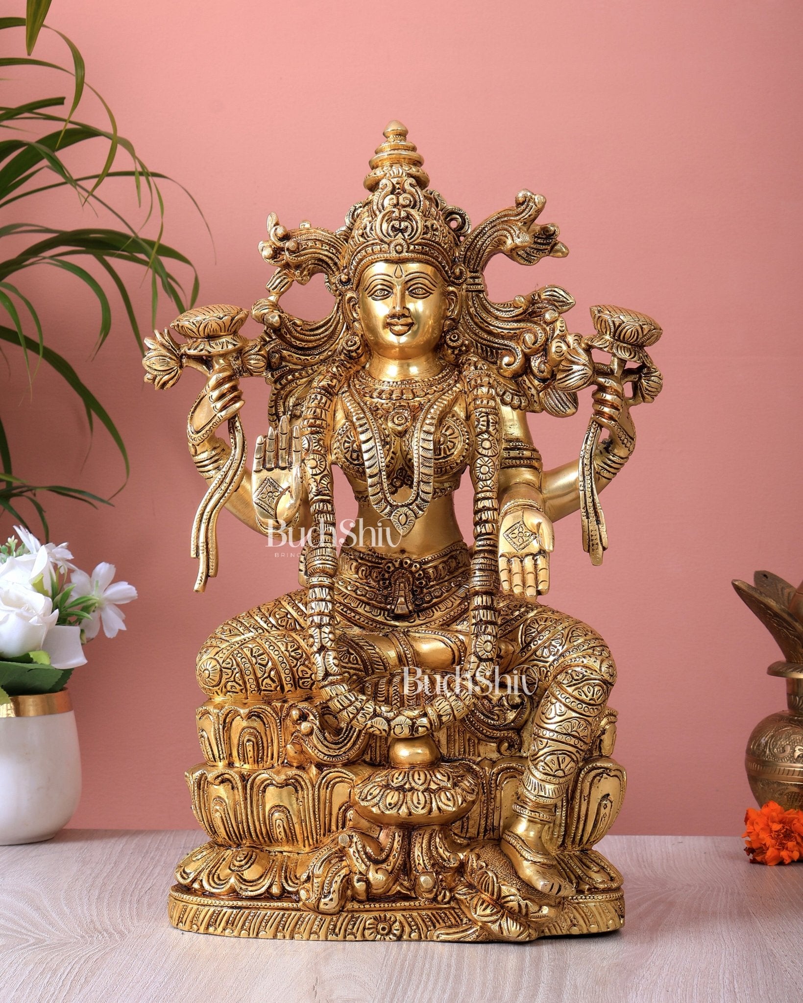 Brass Superfine Goddess Lakshmi Idol | 15 Inch Intricate carvings - Budhshiv.com