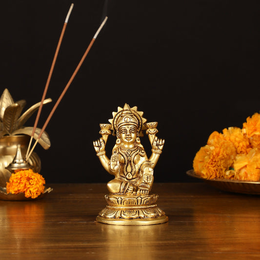Brass Superfine Goddess Lakshmi Idol - 4.5" Elegant Sculpture - Budhshiv.com