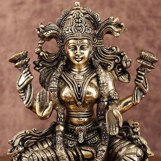 Brass Superfine Goddess Lakshmi Idol | 9 Inch Height | Enhanced Carvings - Budhshiv.com