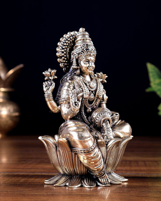 Brass Superfine Goddess Lakshmi on Lotus Idol 5 inch - Budhshiv.com