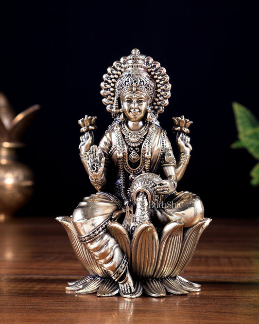 Brass Superfine Goddess Lakshmi on Lotus Idol 5 inch - Budhshiv.com