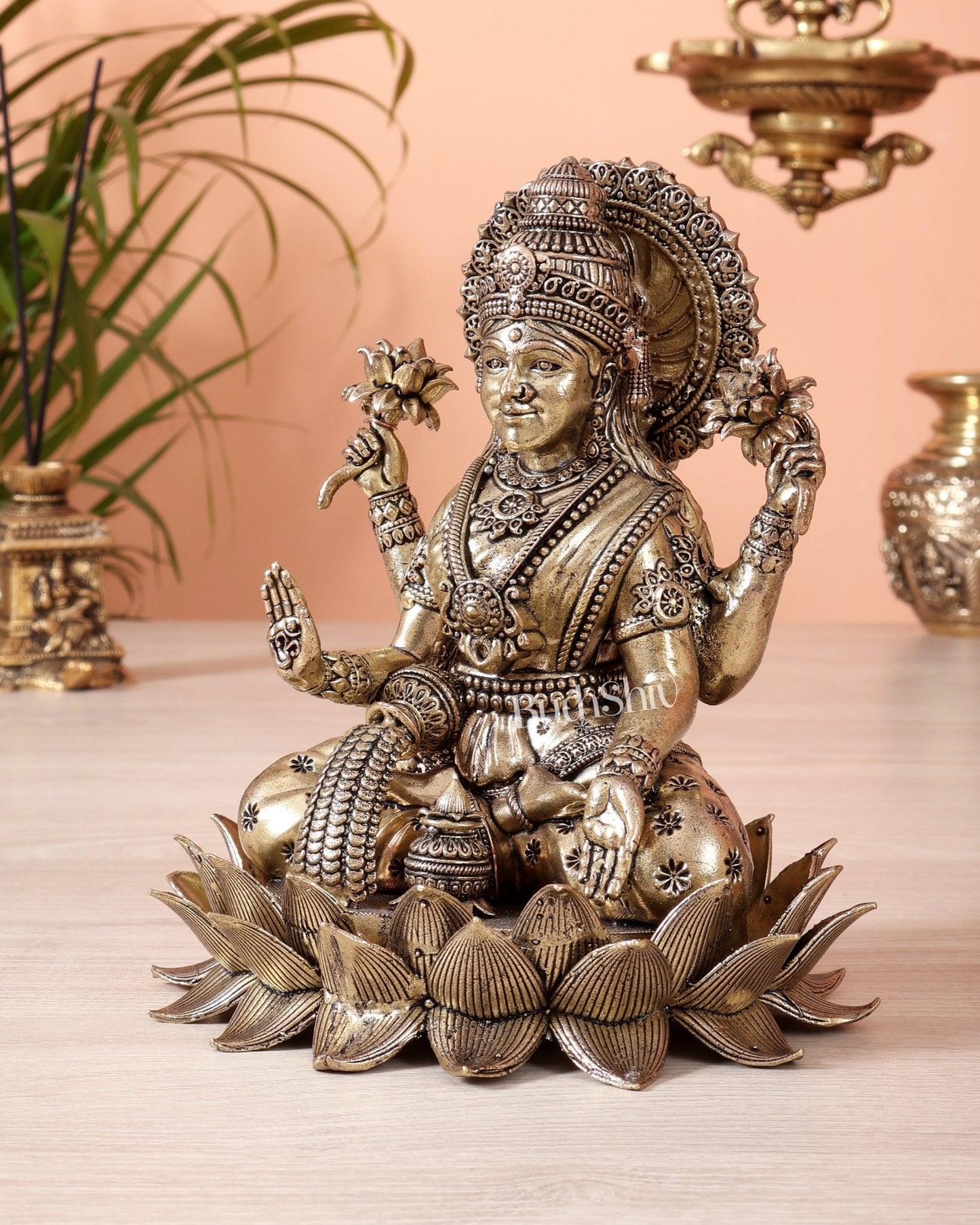 Brass Superfine Goddess Lakshmi on Lotus Idol – 6 & 7 Inch Auspicious Wealth Statue - Budhshiv.com
