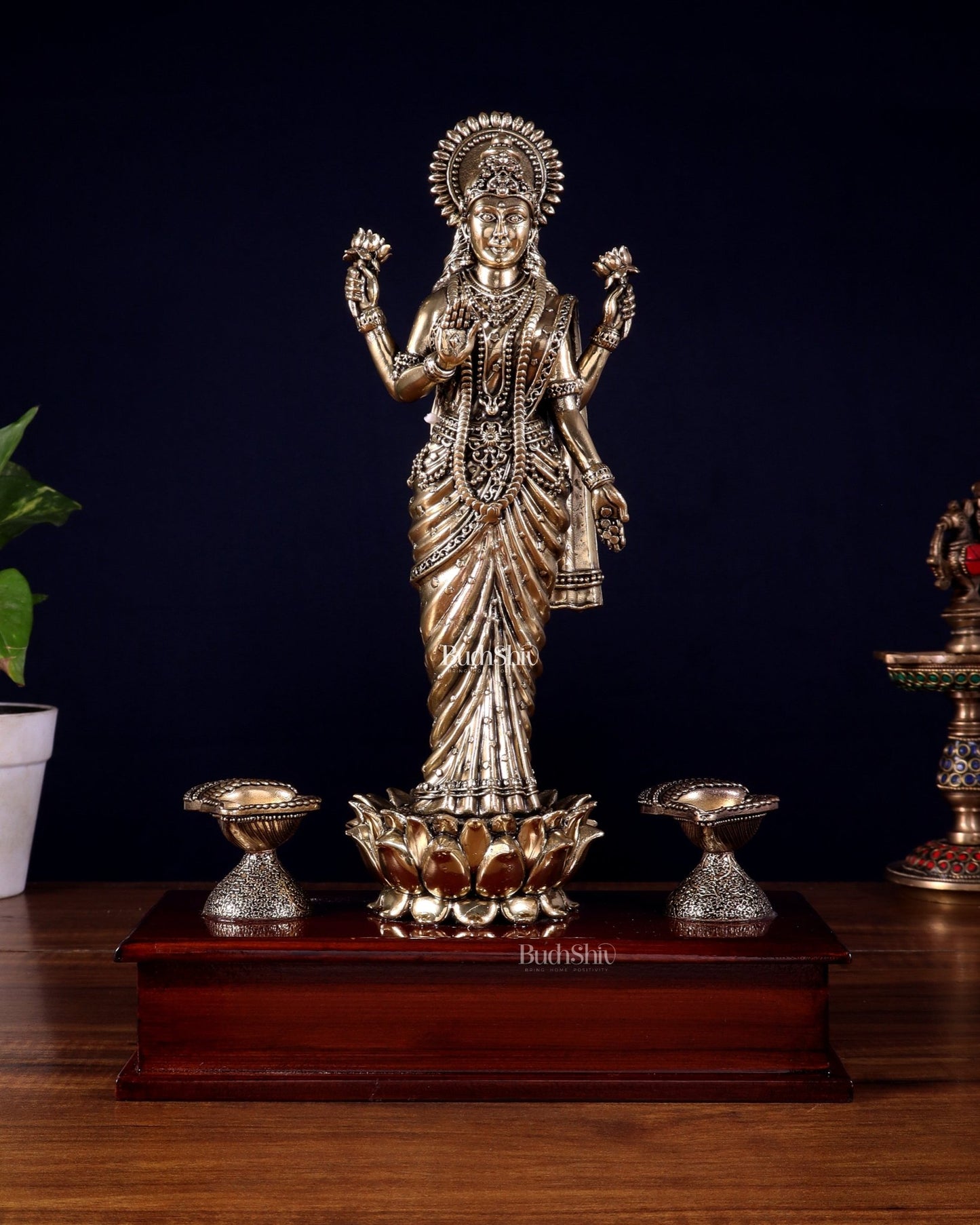 Brass Superfine Goddess Lakshmi Standing on Wooden Base with Diyas – 12.5 Inch - Budhshiv.com