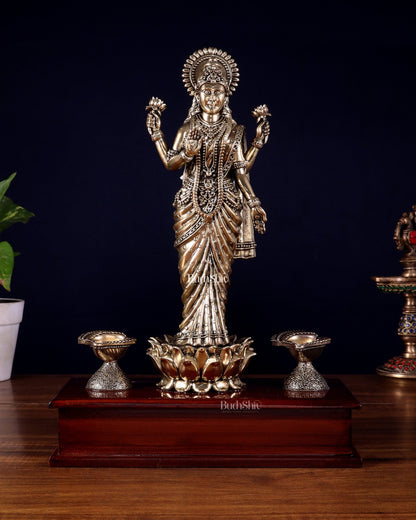 Brass Superfine Goddess Lakshmi Standing on Wooden Base with Diyas – 12.5 Inch - Budhshiv.com