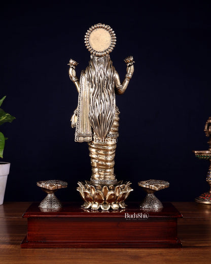 Brass Superfine Goddess Lakshmi Standing on Wooden Base with Diyas – 12.5 Inch - Budhshiv.com