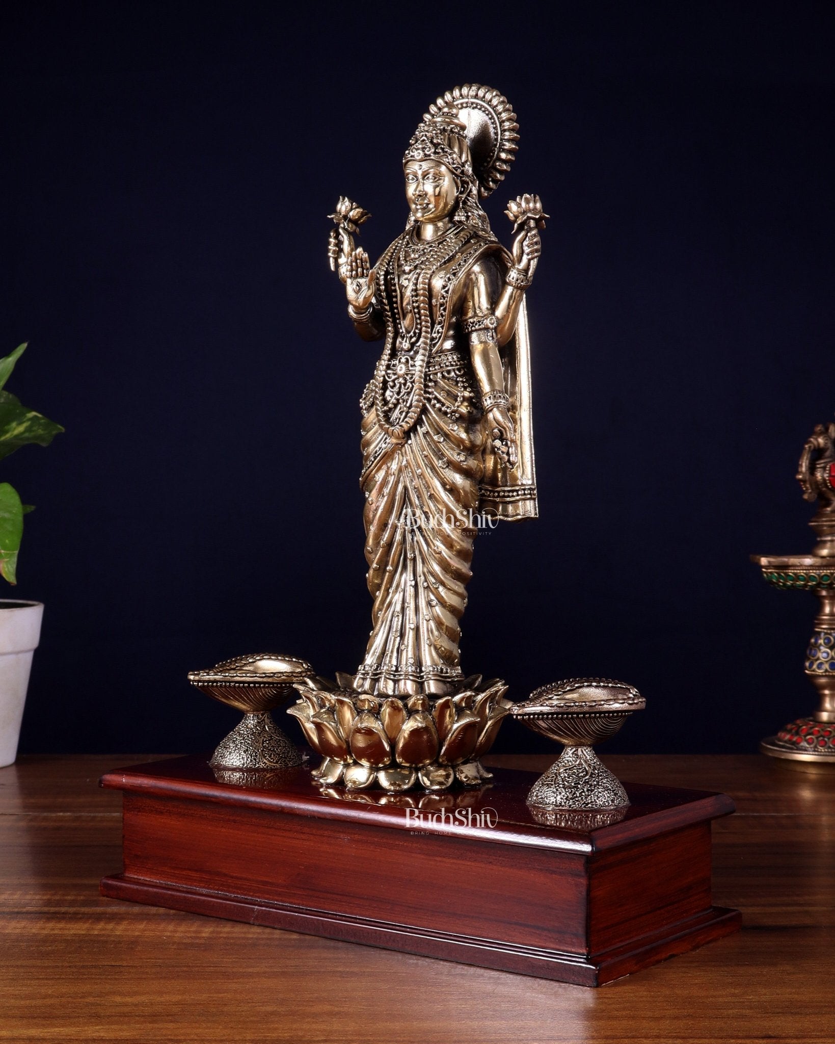 Brass Superfine Goddess Lakshmi Standing on Wooden Base with Diyas – 12.5 Inch - Budhshiv.com