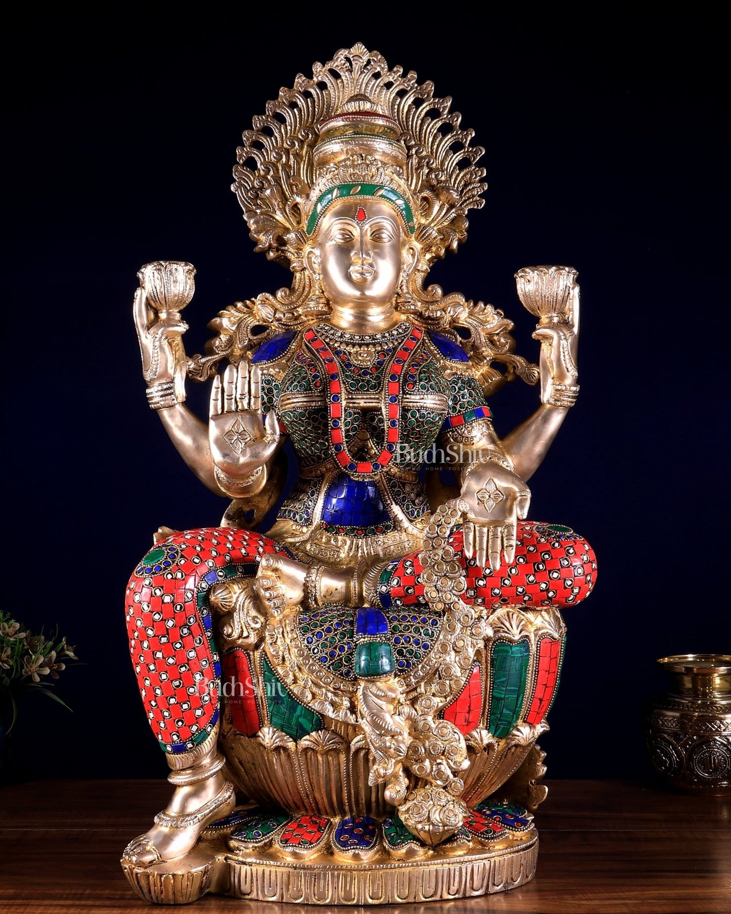 Brass Superfine Goddess Lakshmi Statue | 25 inch meenakari Stonework - Budhshiv.com