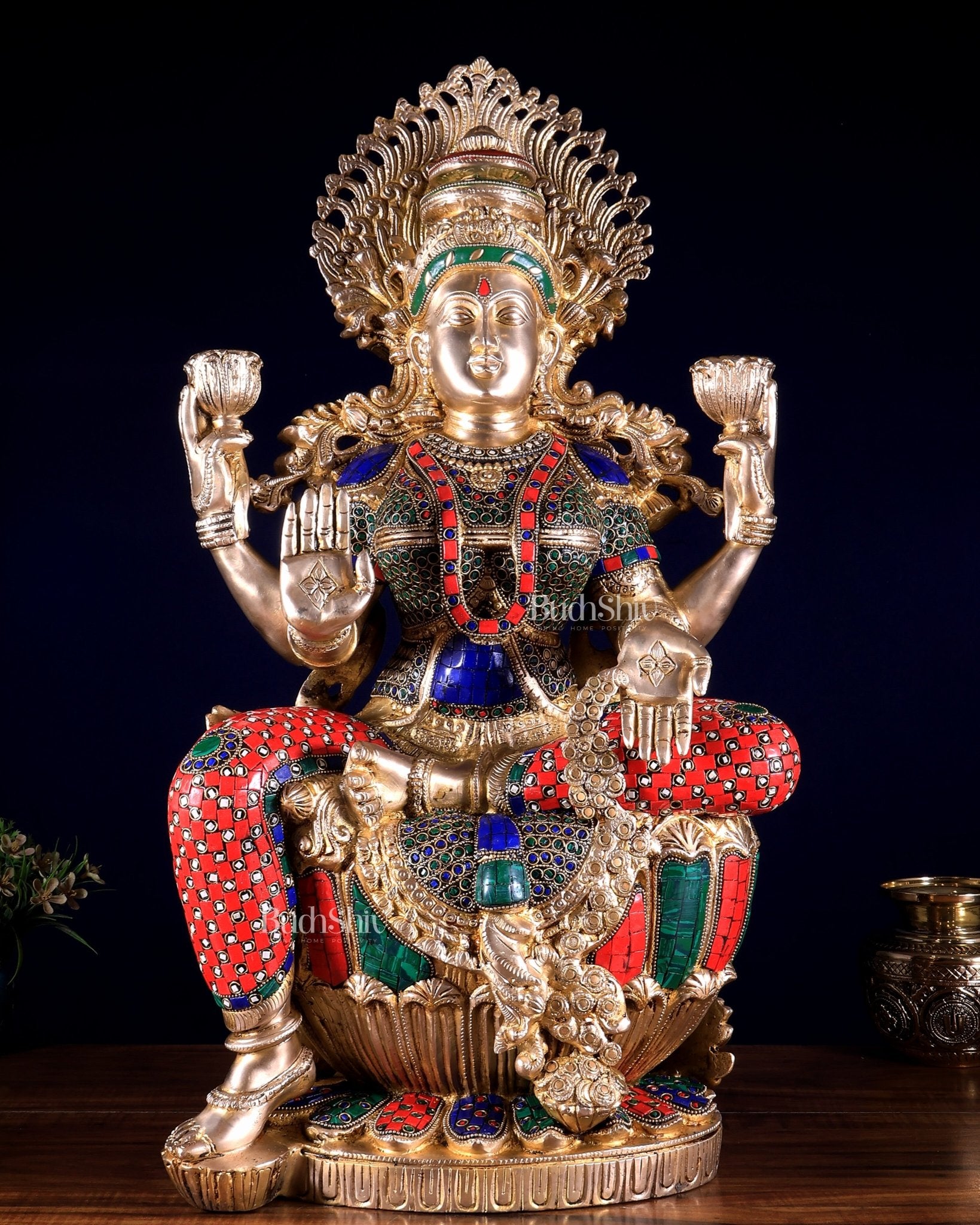 Brass Superfine Goddess Lakshmi Statue | 25 inch meenakari Stonework - Budhshiv.com