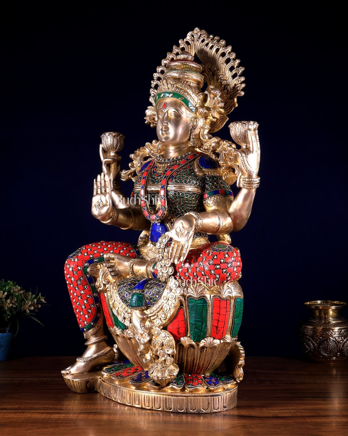 Brass Superfine Goddess Lakshmi Statue | 25 inch meenakari Stonework - Budhshiv.com