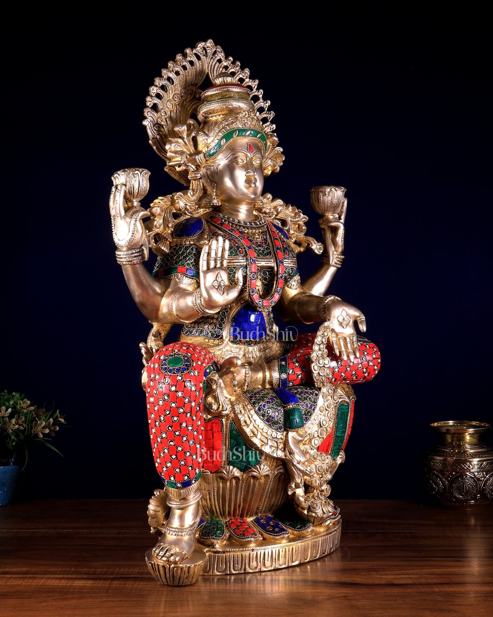 Brass Superfine Goddess Lakshmi Statue | 25 inch meenakari Stonework - Budhshiv.com