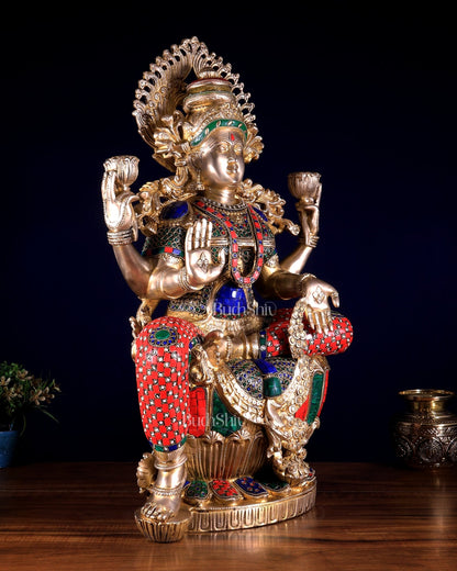 Brass Superfine Goddess Lakshmi Statue | 25 inch meenakari Stonework - Budhshiv.com