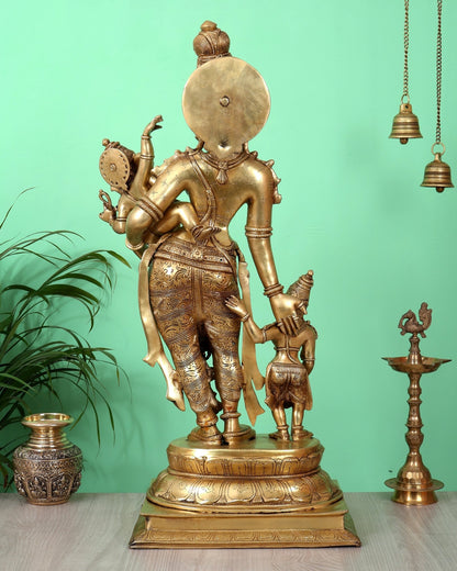 Brass Superfine Goddess Parvati with Ganesha & Kartikeya Statue (27.5 Inch, 24.55 Kg) - Budhshiv.com