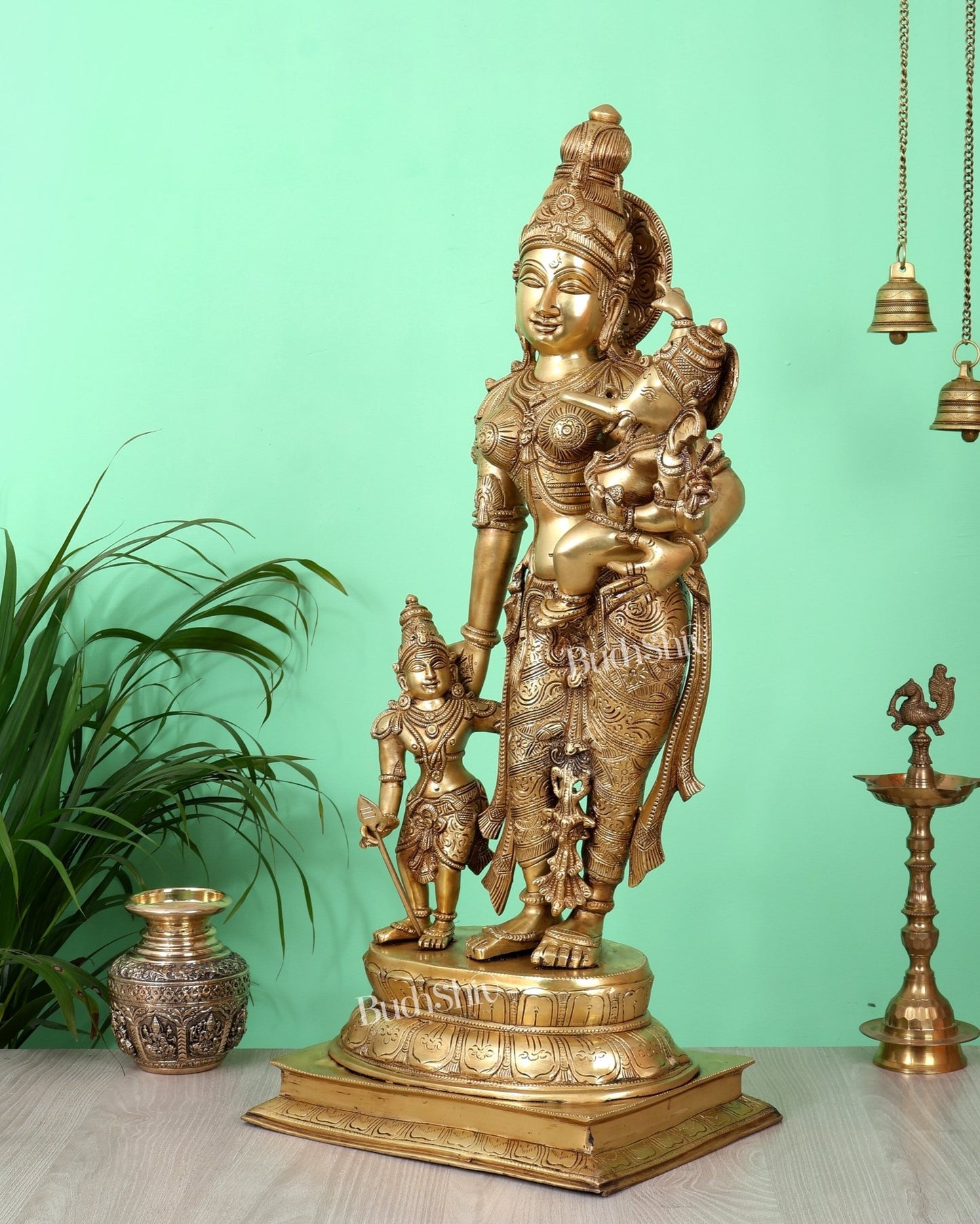 Brass Superfine Goddess Parvati with Ganesha & Kartikeya Statue (27.5 Inch, 24.55 Kg) - Budhshiv.com
