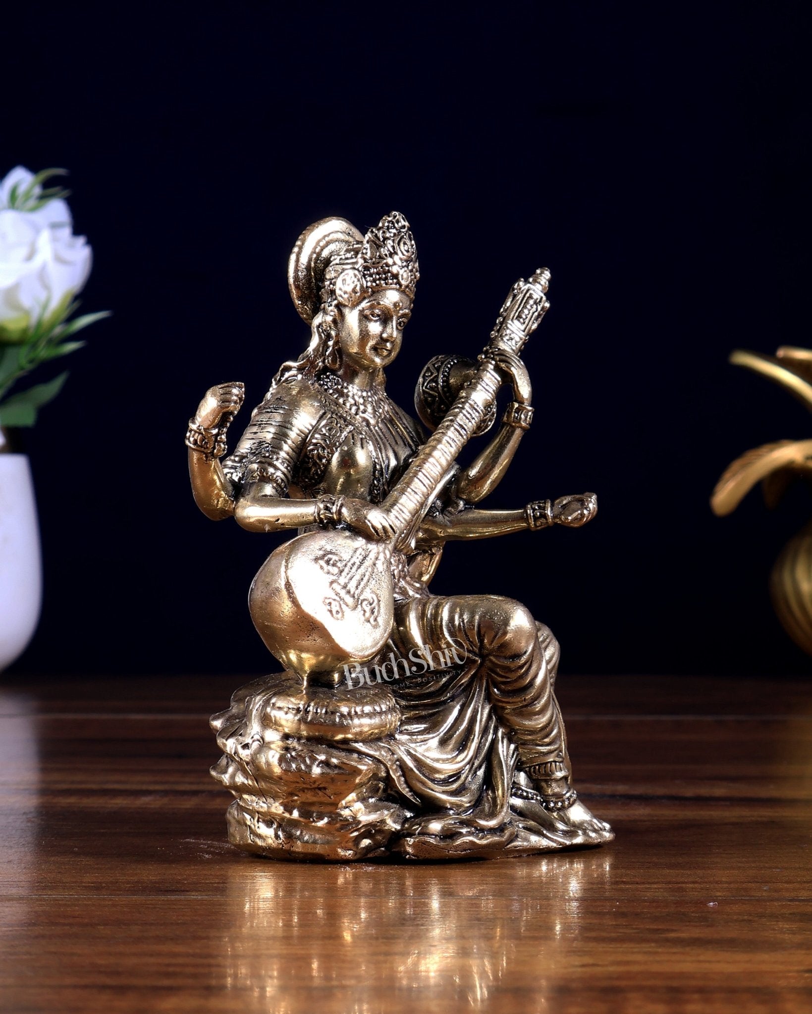 Brass Superfine Goddess Saraswati Idol 5 inch - Budhshiv.com