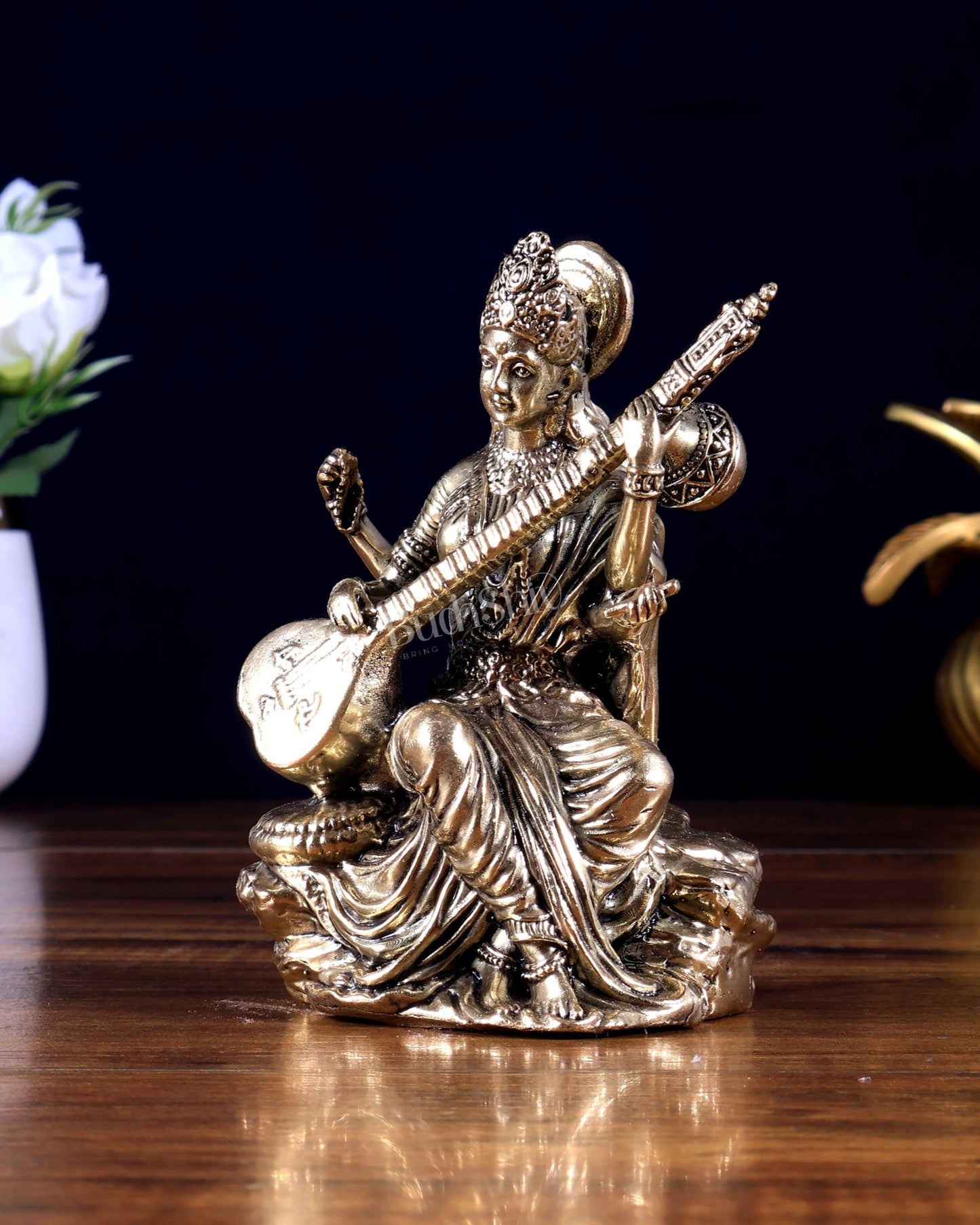 Brass Superfine Goddess Saraswati Idol 5 inch - Budhshiv.com