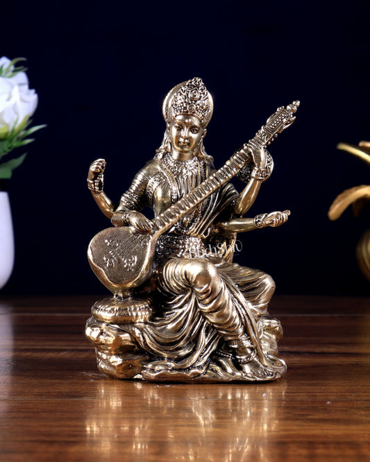 Brass Superfine Goddess Saraswati Idol 5 inch - Budhshiv.com