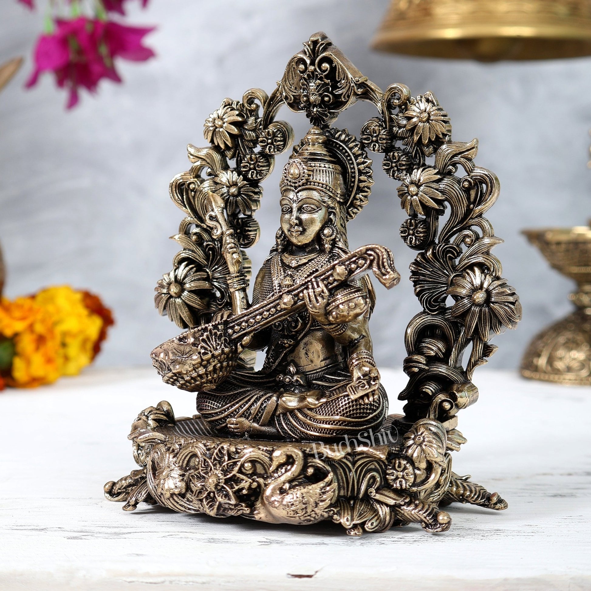 Brass Superfine Goddess Saraswati Idol – Intricately Handcrafted Divine Sculpture (5 Inches) - Budhshiv.com